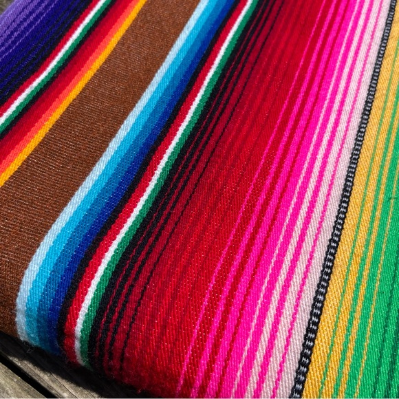 Mexican Woven Serape Saltillo Multicolor Rainbow Fringed Throw Blanket - Picture 5 of 8